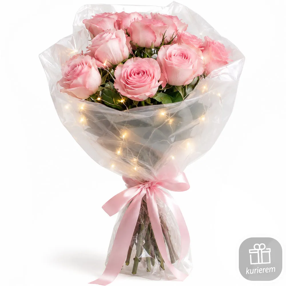Bouquet of pink roses with lights