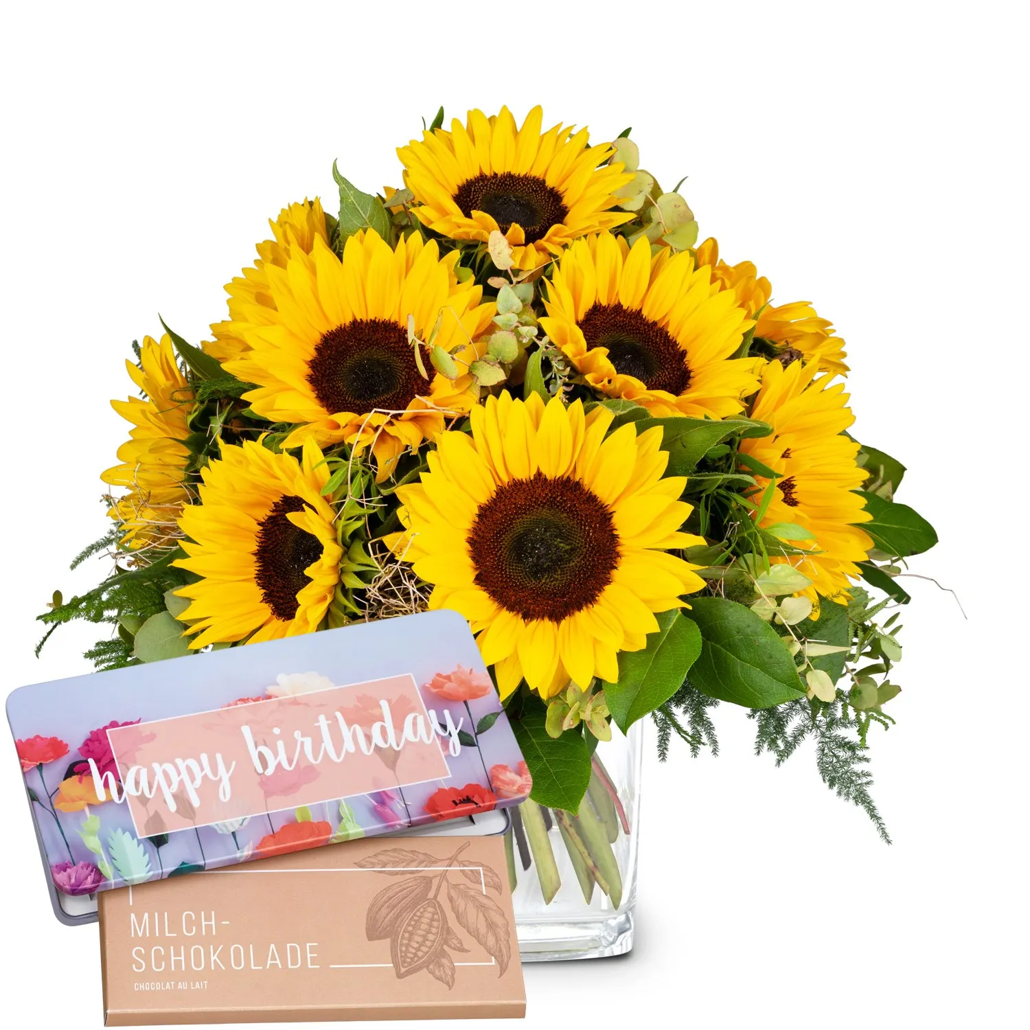 Flower bouquet 'Sunflowers Pure' with Munz bar of chocolate