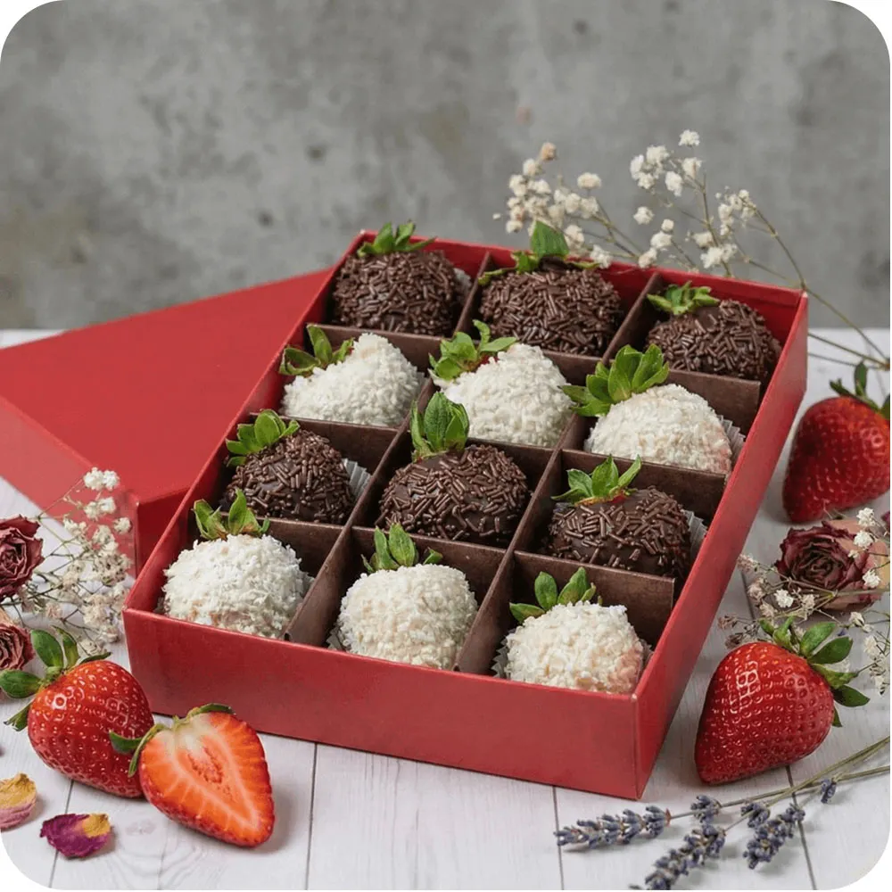"Strawberries in Dark and White Chocolate with Cocoa and Coconut Topping