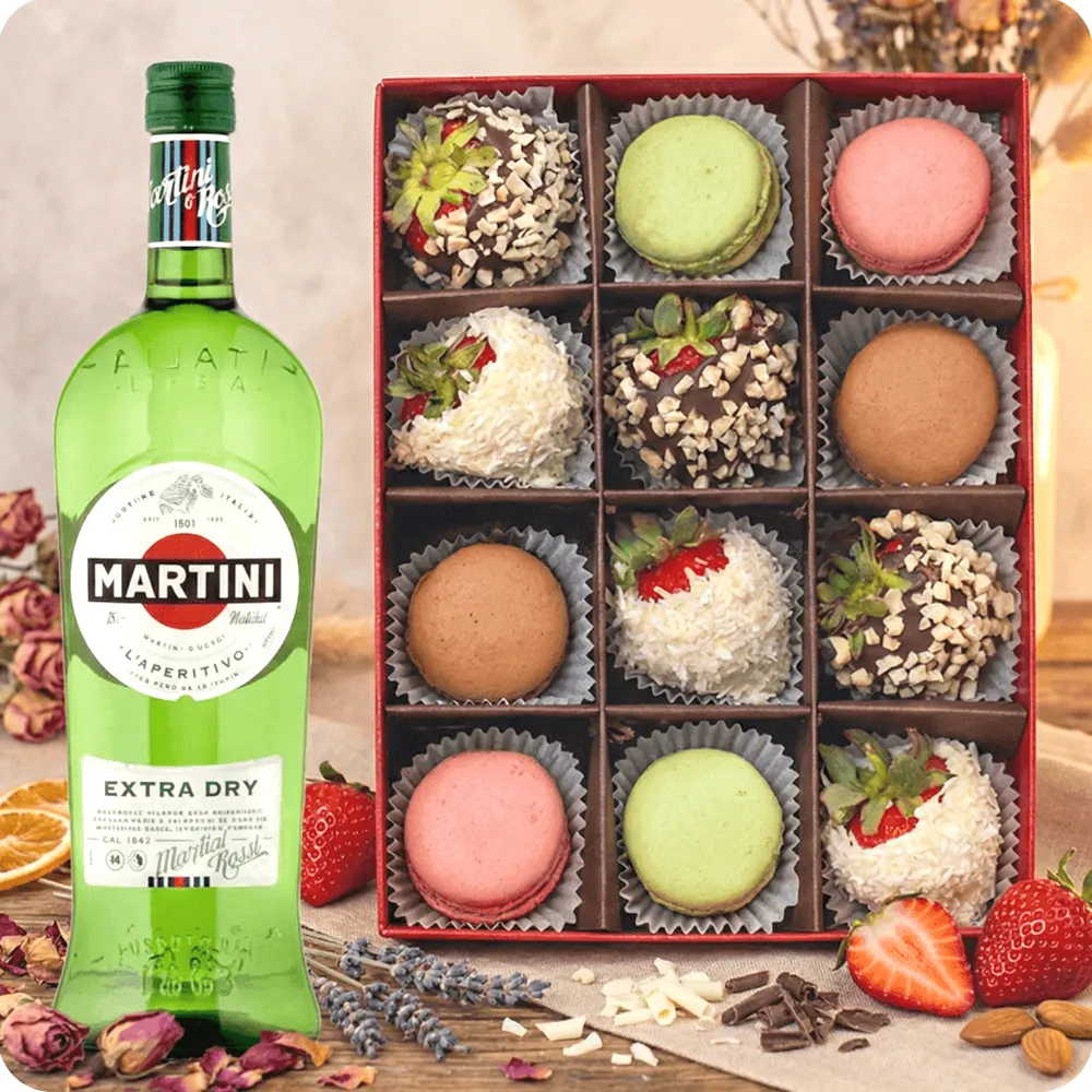 Strawberries in White and Milk Chocolate with Coconut and Nut Topping and Macaroons + Martini