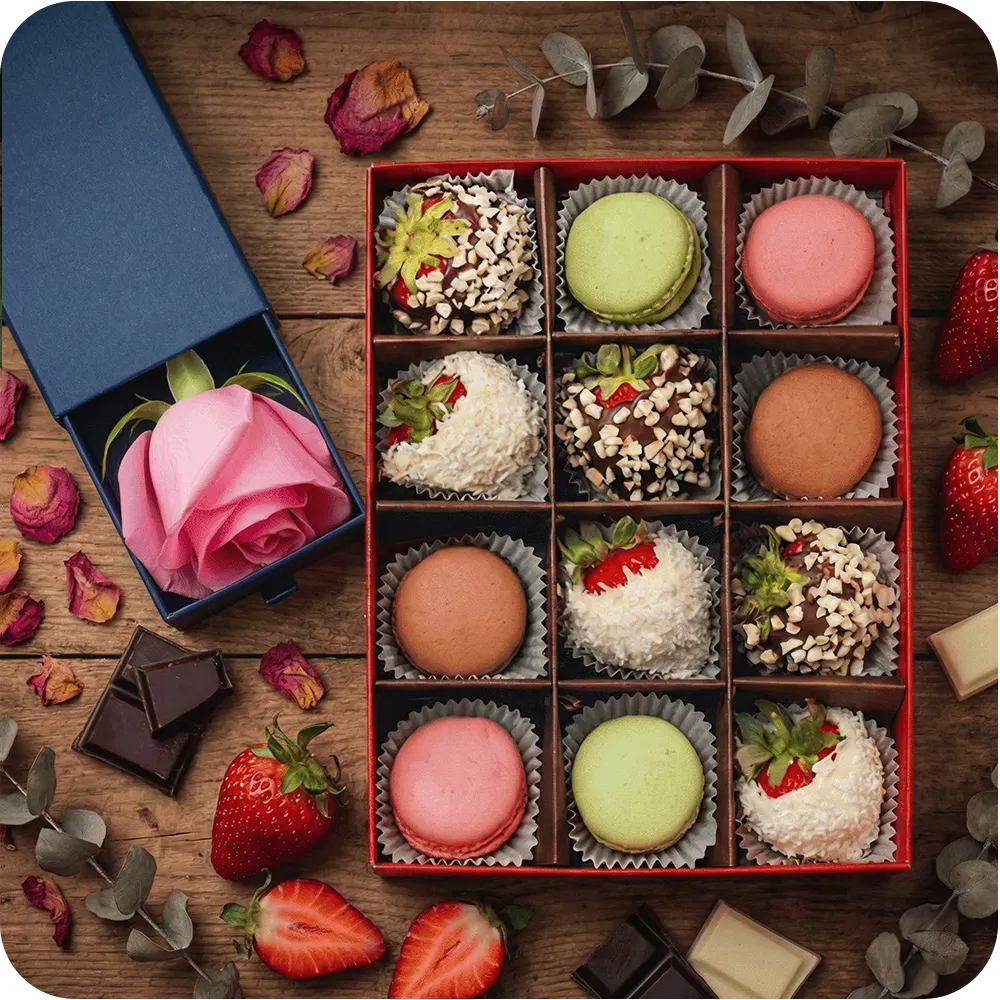 Strawberries in White and Milk Chocolate with Coconut and Nut Topping and Macaroons + Pink Rose