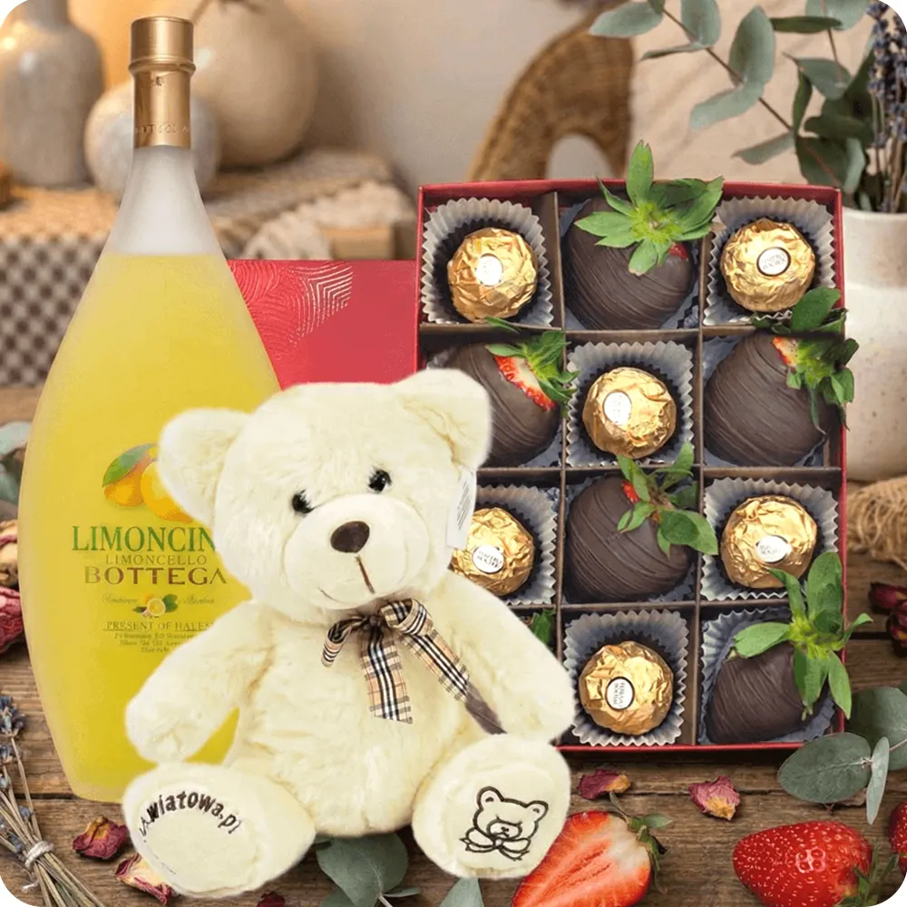 Dark And Gold Strawberries in Dark Chocolate with Ferrero Rocher + Bottega Limoncino Liqueur and Plush Teddy Bear