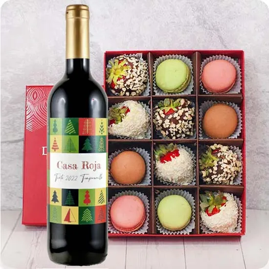Strawberries in White and Milk Chocolate with Coconut and Nut Topping and Macaroons + Casa Roja white Wine