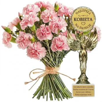 21 różowych goździków + statuetka najlepsza kobieta