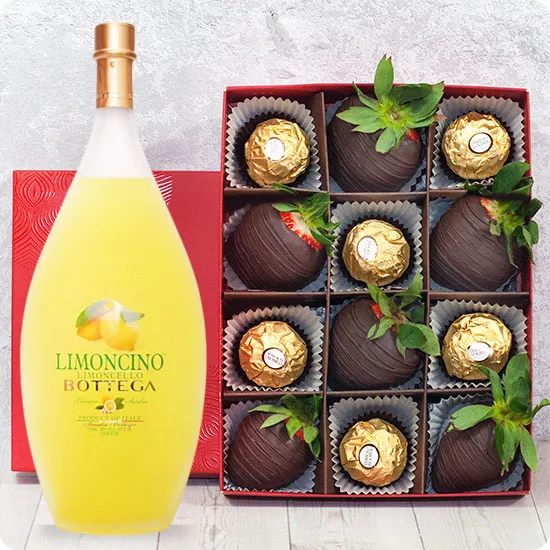 Dark And Gold Strawberries in Dark Chocolate with Ferrero Rocher + Bottega Limoncino Liqueur